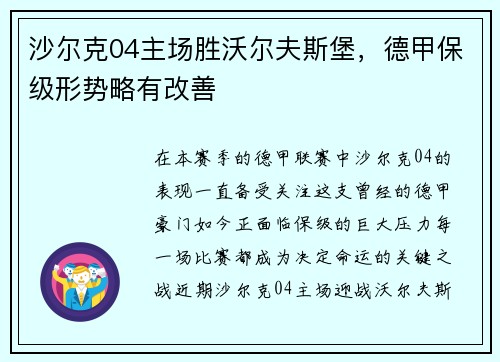 沙尔克04主场胜沃尔夫斯堡，德甲保级形势略有改善