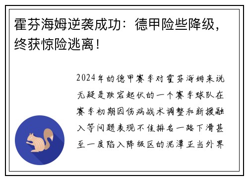 霍芬海姆逆袭成功：德甲险些降级，终获惊险逃离！